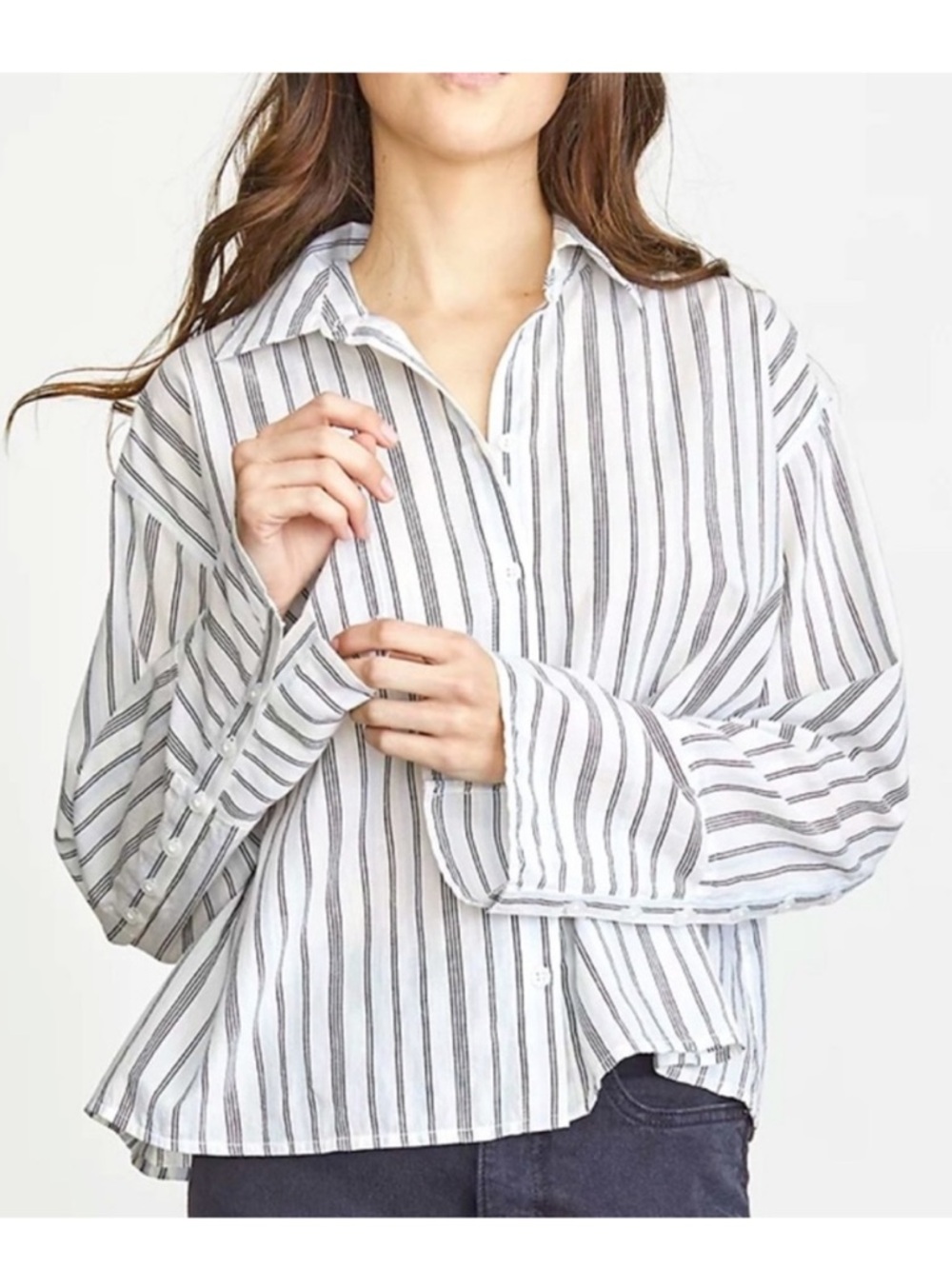 Elizabeth and James White and Black Striped Button-Up Shirt with Wide Sleeves L